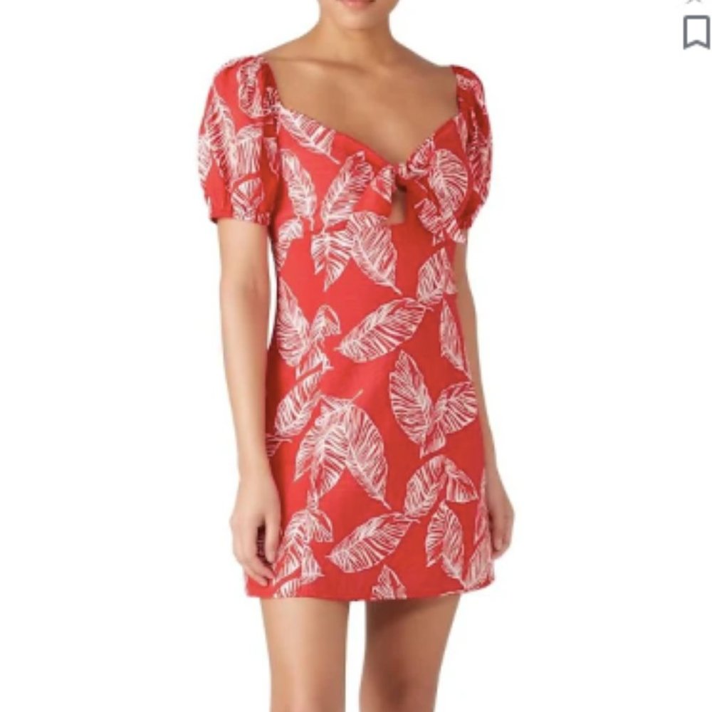 J.O.A. Puff Sleeve Red and White Leaf Print Dress